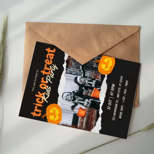 Orange and Black Trick Or Treat Halloween Kids  Einladung (Von Creator hochgeladen)