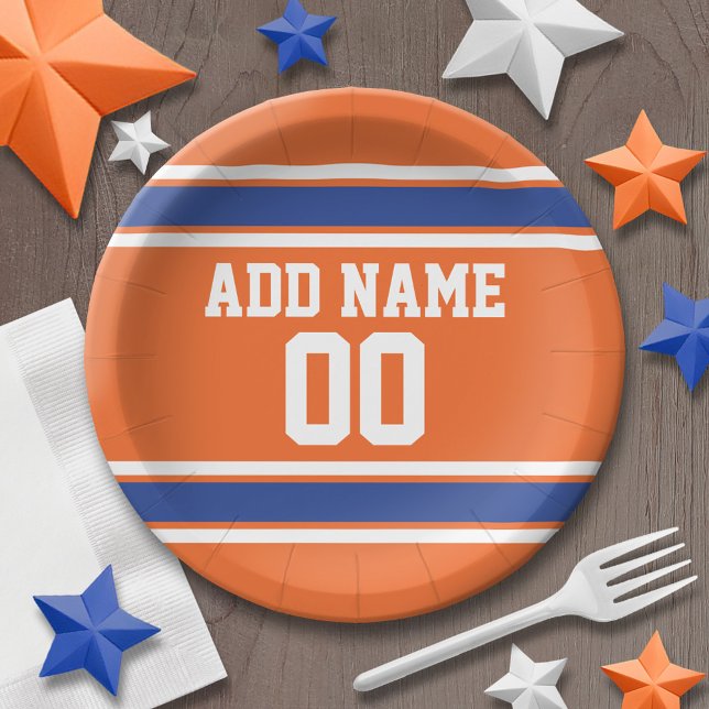 Orange and Blue Birthday Sports Jersey Pappteller (Personalized party plates - sports theme for birthday or any occasion)