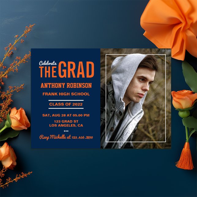 Orange and Blue Graduation Party Foto Einladung (Orange and Blue Graduation invite)