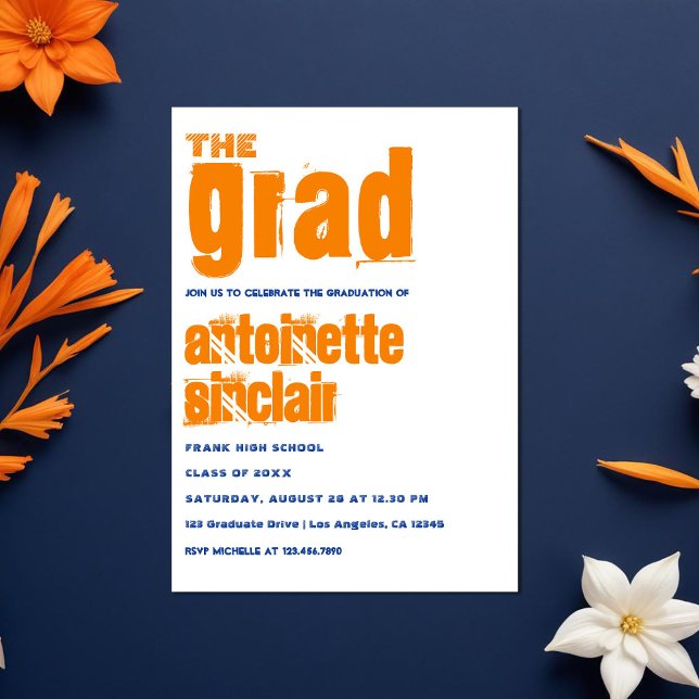 Orange and Blue Grunge Typografy Graduation Party Einladung (Orange and Blue Grunge Typography Graduation Party Invitation)
