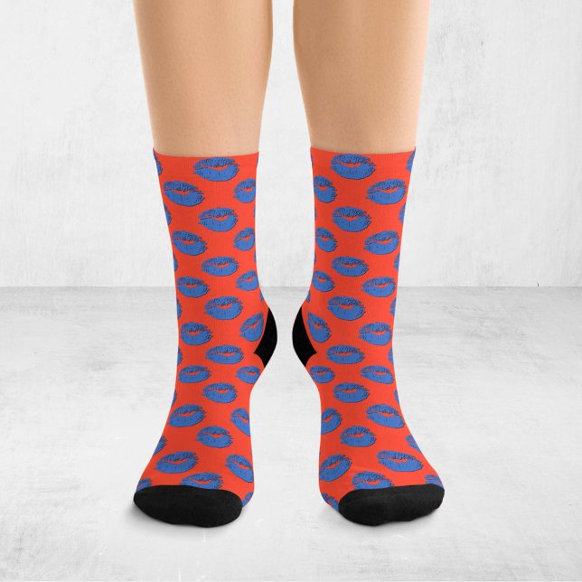 Orange and Blue Pop Art Kissing Lips XOXO Socken (Von Creator hochgeladen)