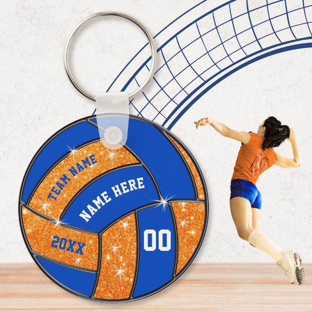 Orange and Blue Volleyball Team gibt Personalisier Schlüsselanhänger (Blue and Orange, personalized volleyball souvenirs. Cheap volleyball team gifts. Volleyball goodies.)