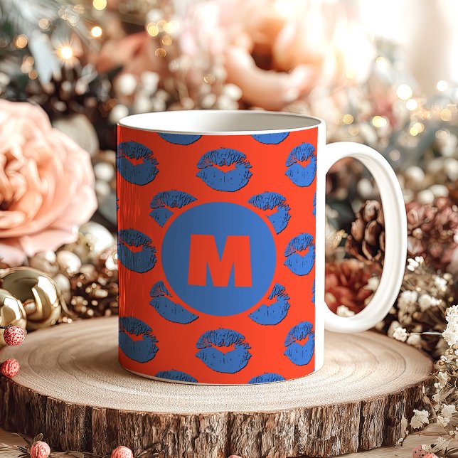 Orange and Blue XOXO Kissing Lips Personalized Kaffeetasse (Von Creator hochgeladen)