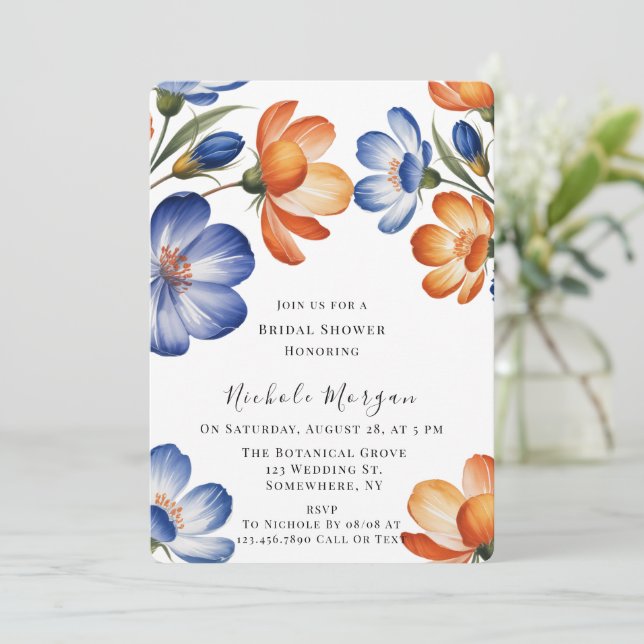 Orange and Cobalt Blue Floral Bridal Shower Einladung (Stehend Vorderseite)