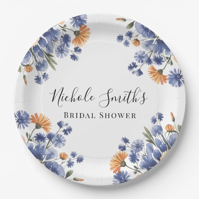 Orange and Cobalt Blue Floral Bridal Shower Pappteller (Vorderseite)