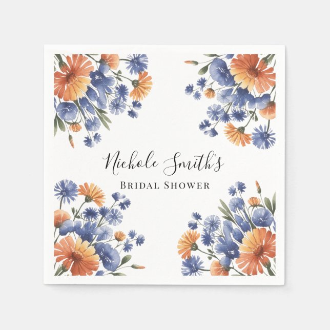 Orange and Cobalt Blue Floral Bridal Shower Serviette (Vorderseite)