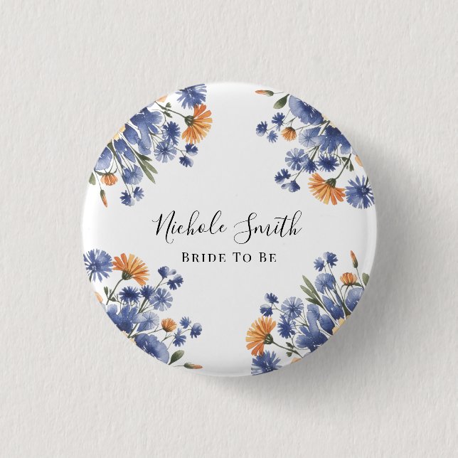 Orange and Cobalt Blue Floral Bride To Be Button (Vorderseite)