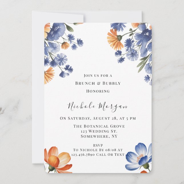 Orange and Cobalt Blue Floral Brunch & Bubbly Einladung (Vorderseite)