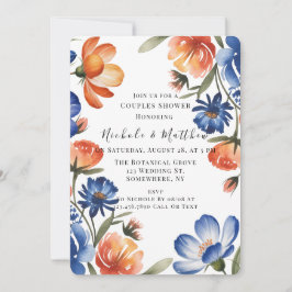 Orange and Cobalt Blue Floral Couples Shower Einladung