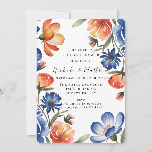 Orange and Cobalt Blue Floral Couples Shower Einladung (Vorderseite)