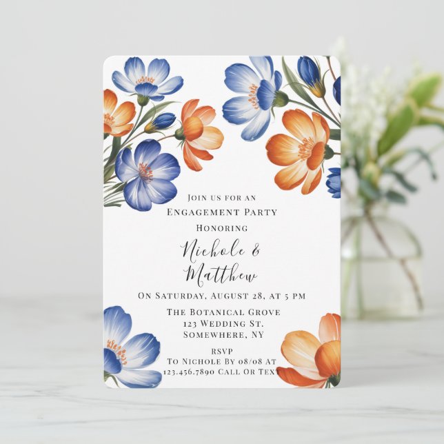 Orange and Cobalt Blue Floral Engagement Party Einladung (Stehend Vorderseite)