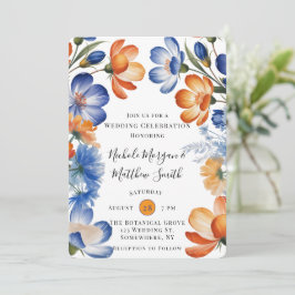 Orange and Cobalt Blue Floral Wedding Celebration Einladung