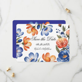 Orange and Cobalt Blue Floral Wedding Save The Date