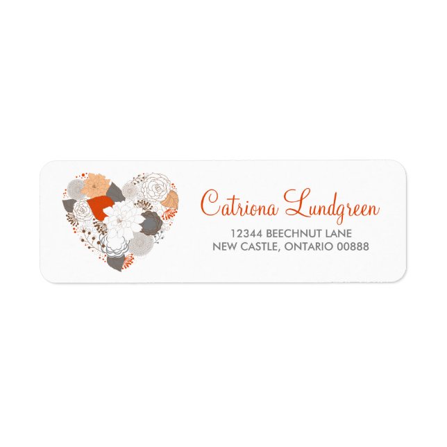 Orange and Gray Floral Heart Wedding Address Label (Vorne)