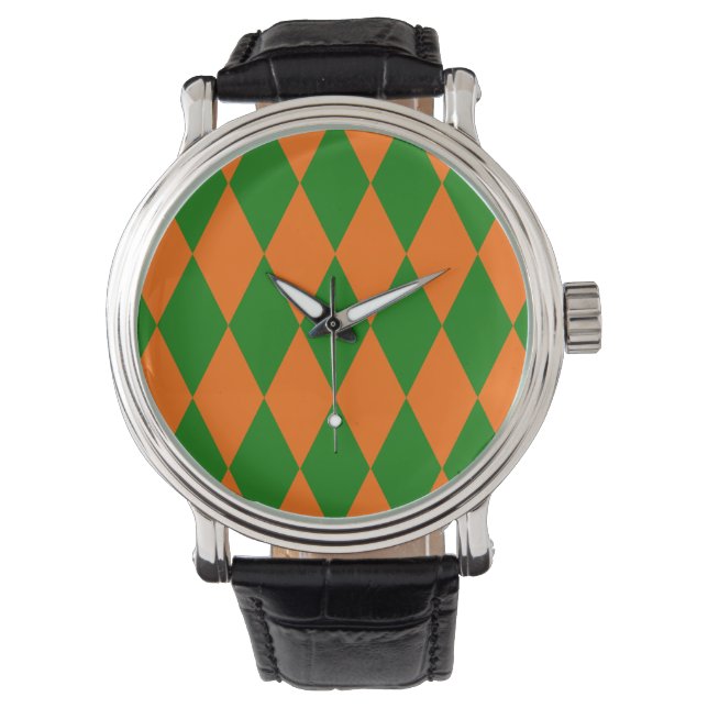 Orange and Green Harlequin Checkered Design  Armbanduhr (Vorderseite)