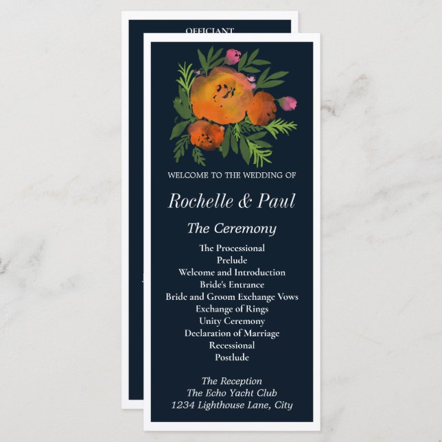 Orange and Navy Floral Modern Bold Wedding Program (Vorne/Hinten)