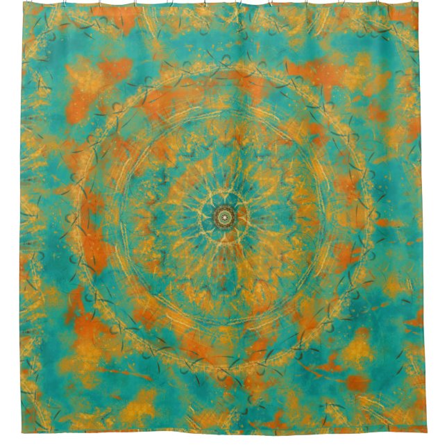 Orange and Peacock Green Primitive Mandala Duschvorhang (Vorderseite)