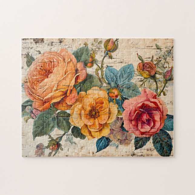 Orange and Pink Roses on Rustic Wood Puzzle (Horizontal)