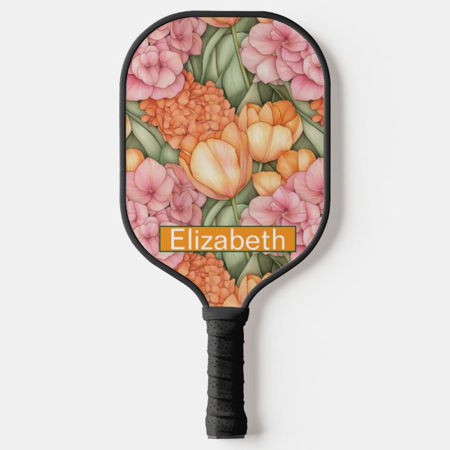 Orange and Pink Tulip Flowers Personalized Pickleball Schläger (Vorderseite)