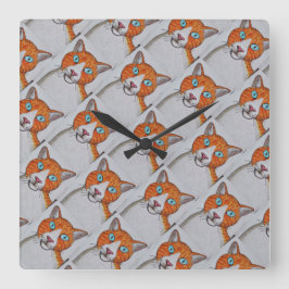 orange and white Cat Wall Clock Quadratische Wanduhr