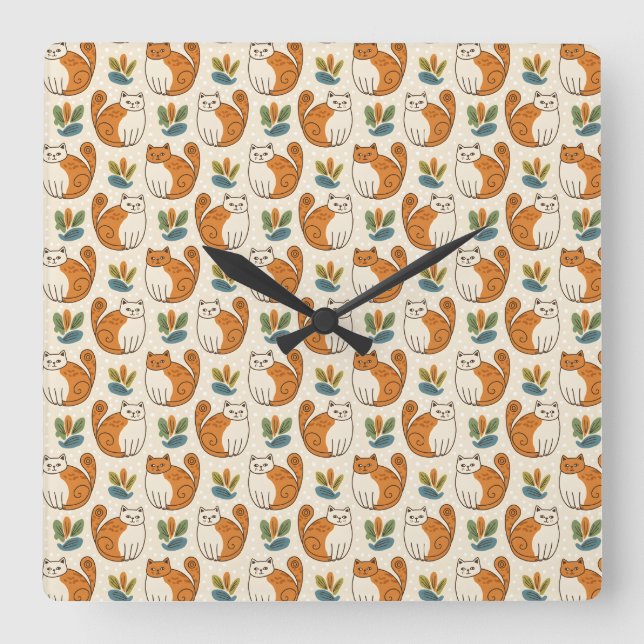 Orange and White Cats Naive Art Style Quadratische Wanduhr (Vorderseite)
