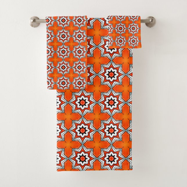 Orange and white geometric mandala pattern Towel Badhandtuch Set (Insitu)