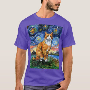 Orange and White Tabby Tiger Cat Starry Night Art  T-Shirt