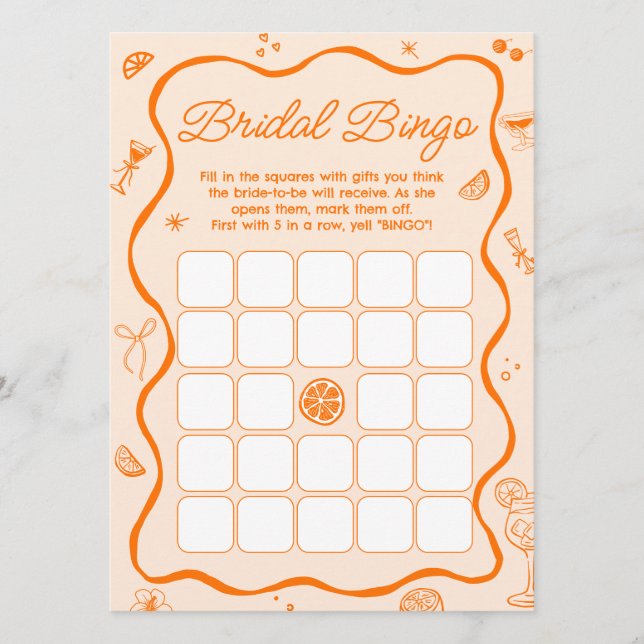 Orange Aperol Spritz Brautparty Bingo Game Card Einladung (Vorderseite)