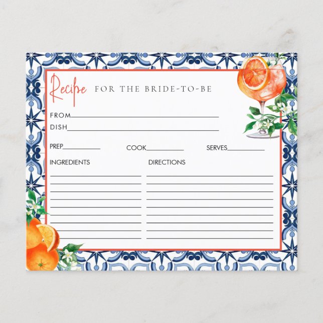 Orange Aperol Spritz Bridal Shower Recipe Card (Vorderseite)