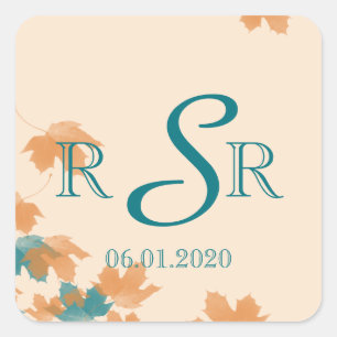 Orange Aqua Autumn Maple Leaf Wedding Monogram Quadratischer Aufkleber