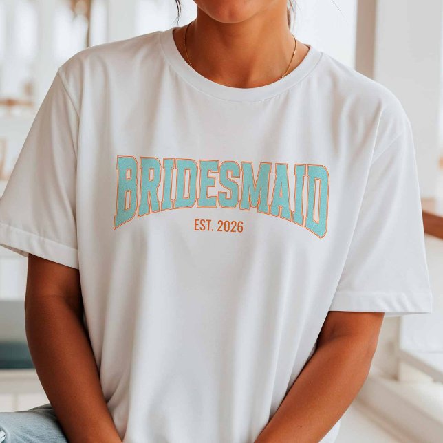 Orange + Aqua Faux Glitter BRIDESMAID Bachelorette T-Shirt (Von Creator hochgeladen)