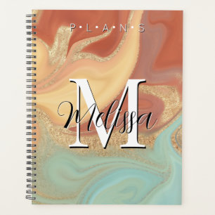 Orange Aqua Gold Modern Monogram Abstrakt Planner Planer