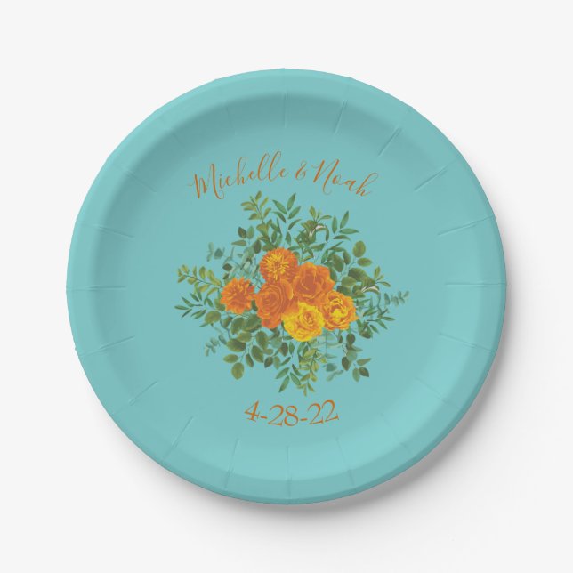 Orange & Aqua Wedding Modern Floral Pappteller (Vorderseite)