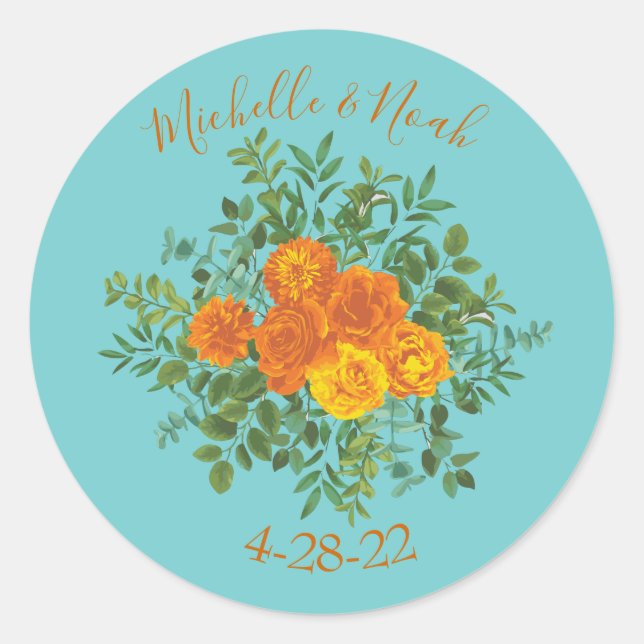 Orange & Aqua Wedding Modern Floral Runder Aufkleber (Vorderseite)