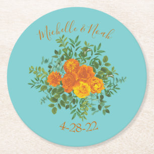 Orange & Aqua Wedding Modern Floral Runder Pappuntersetzer