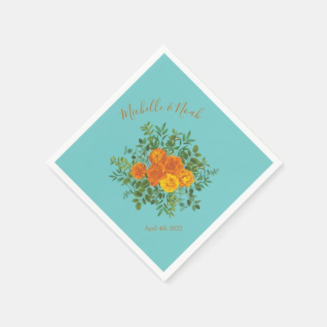 Orange & Aqua Wedding Modern Floral Serviette (Ecke)