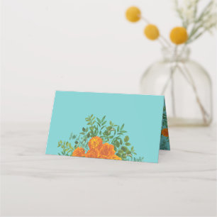 Orange & Aquamarin Aqua Peony & Rose Blumenzehen Platzkarte