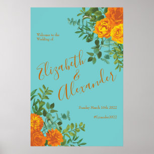 Orange & Aquamarin Aqua Peony Rose Blumenzwiese Poster