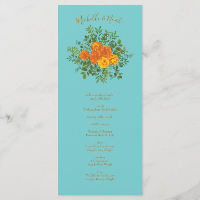 Orange Aquamarin Aqua Peony Rose Hochzeitsprogramm Menükarte (Vorderseite)
