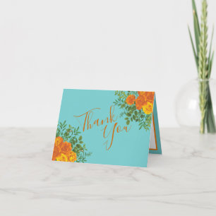 Orange & Aquamarin Aqua Peony Rose Wedding Vielen Dankeskarte