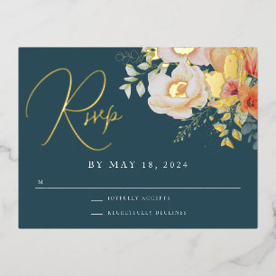 Orange Aquamarin Blue Spring Peach Floral Wedding  Folien Feiertagspostkarte