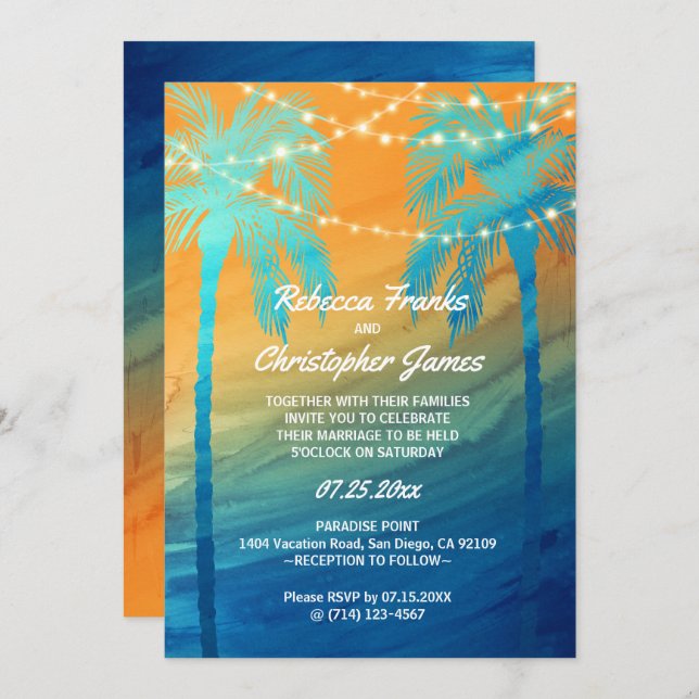 Orange Aquamarin Blue Tropical Wedding Einladungen (Vorne/Hinten)