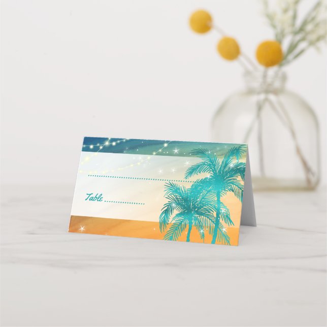 Orange Aquamarin Blue Wedding Palm Tree Platzkarte (Vorderseite)