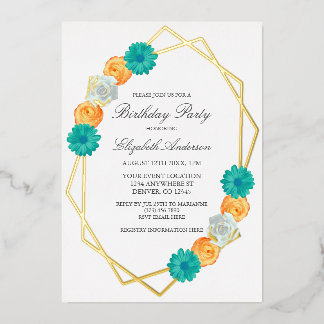 Orange Aquamarin Floral Geometric Geburtstag Folieneinladung