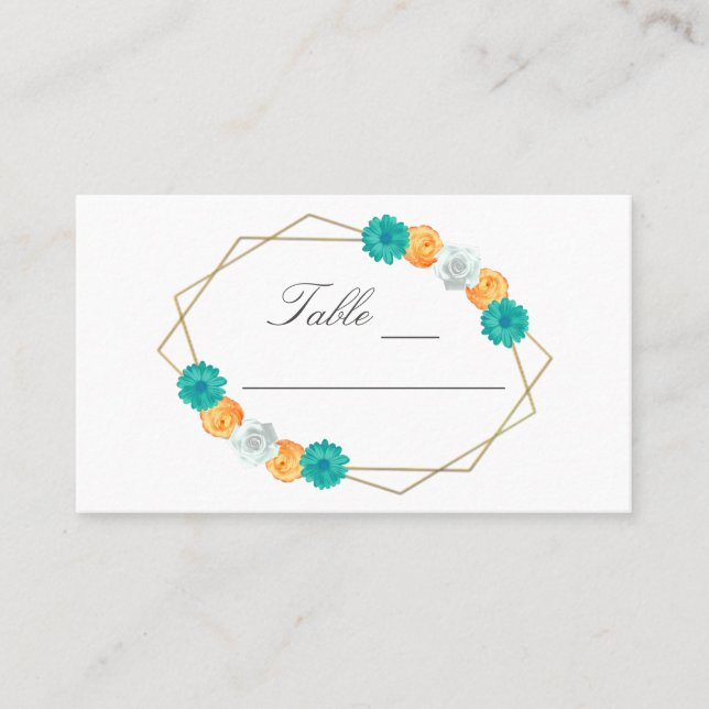 Orange Aquamarin Floral Geometric Wedding Platzkarte (Vorderseite)