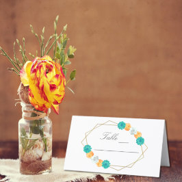 Orange Aquamarin Floral Geometric Wedding Platzkarte