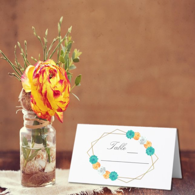 Orange Aquamarin Floral Geometric Wedding Platzkarte (Von Creator hochgeladen)