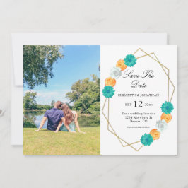 Orange Aquamarin Floral Geometric Wedding Save The Date