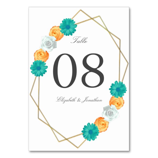 Orange Aquamarin Floral Geometric Wedding Tischnummer (Vorderseite)