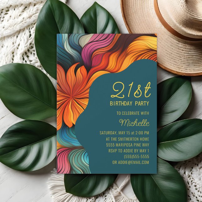 Orange Aquamarin Retro Psychedelic Curves Geburtst Einladung (Orange, teal retro psychadelic curves 21st birthday party invitation)